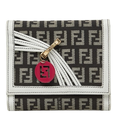フェンディ ズッキーノ ロゴチャーム 三つ折り財布 8M0177 ホワイト ブラウン キャンバス レザー レディース FENDI 【中古】