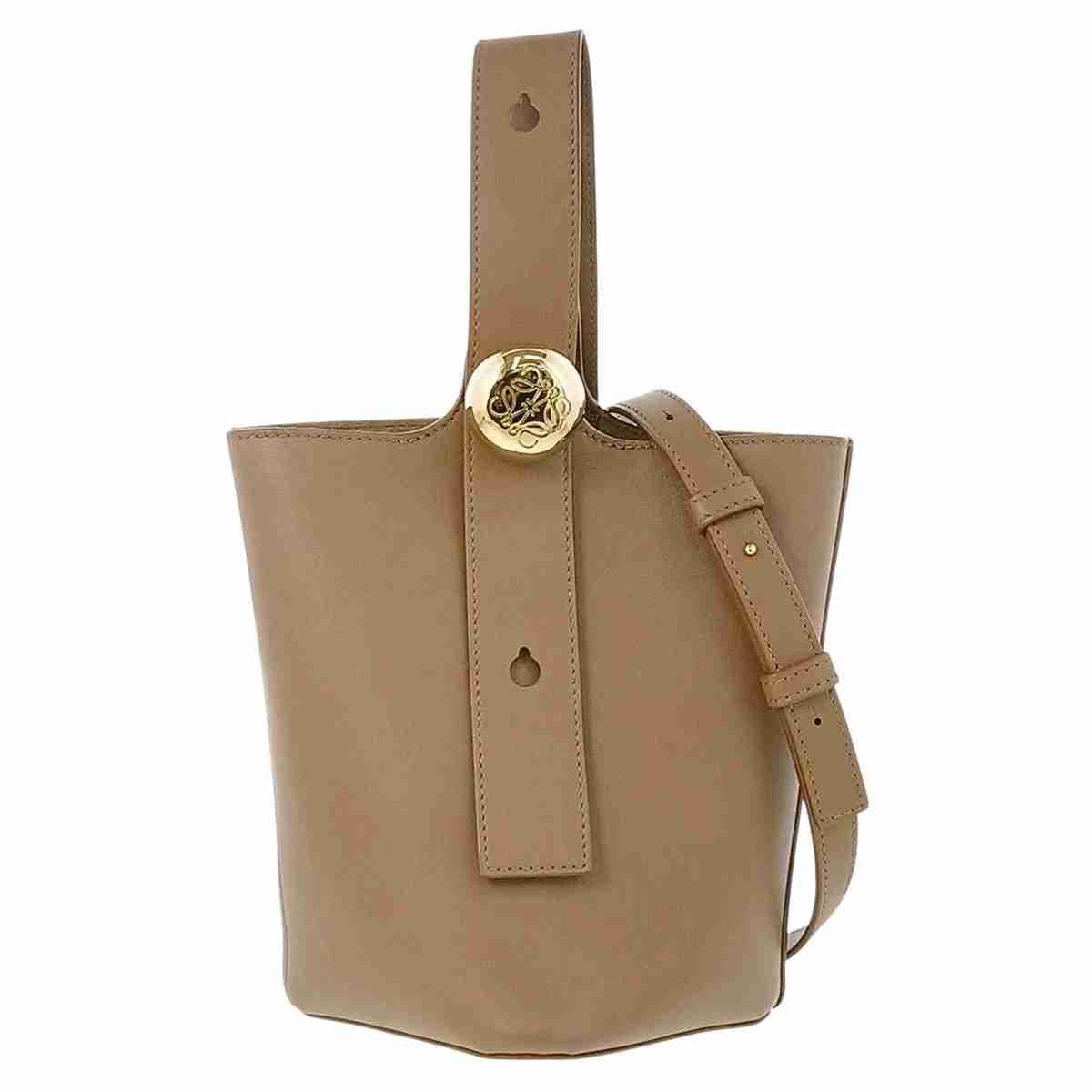 LOEWE ロエベ ペブル バケットバッグ ミニ ハンドバッグ AANBBBMX レザー ベージュ オーク  レディース【中古】