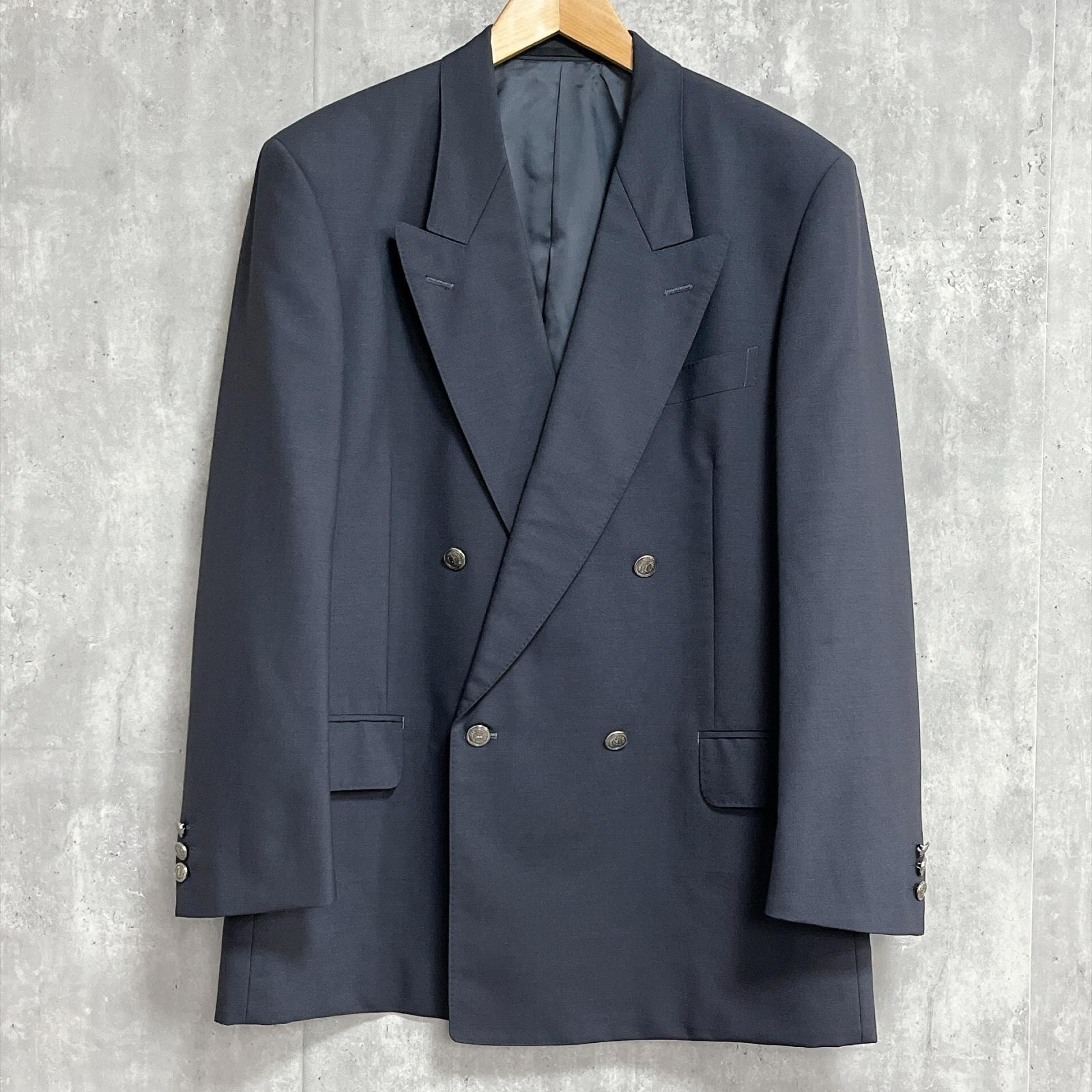 【Yves Saint Laurent】イヴサンローラン 紺ブレ ダブル4B 袖3B 銀ボタン YSLロゴ ピークドラペル サイドベンツ ブレザー メンズ ネイビー