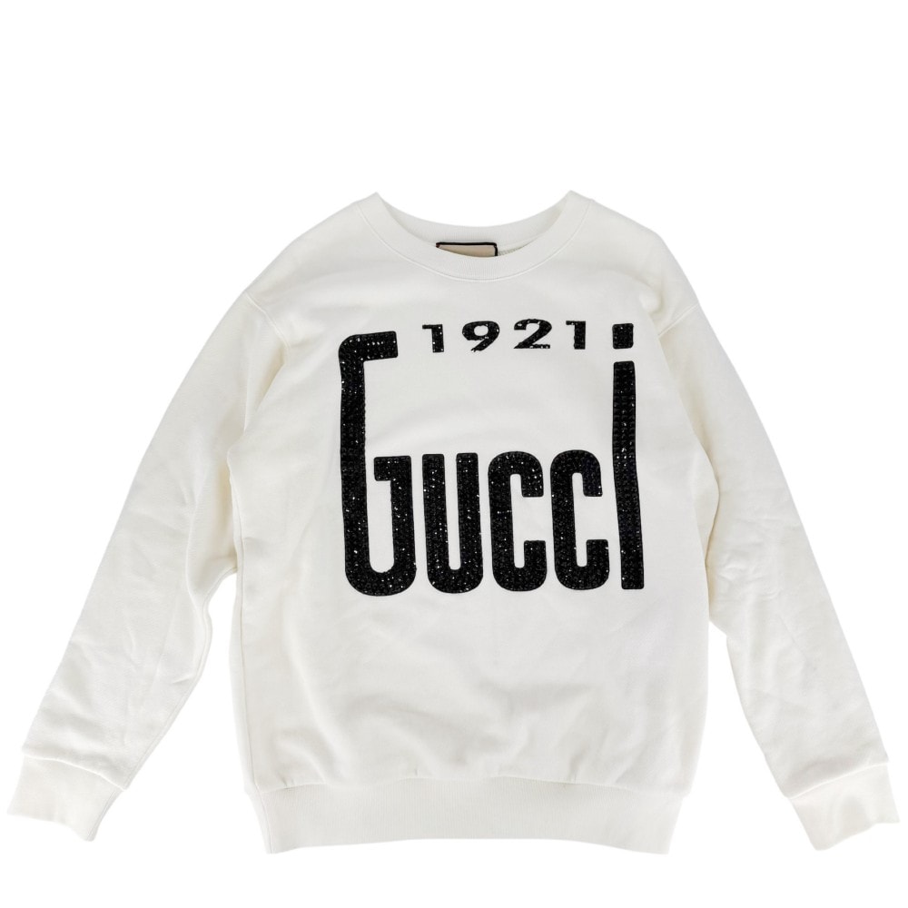 GUCCI グッチ スウェット ロゴ トップス クルーネック 服 アパレル XS 617964 オフホワイト コットン ラインストーン メンズ 春 夏 美品【中古品】