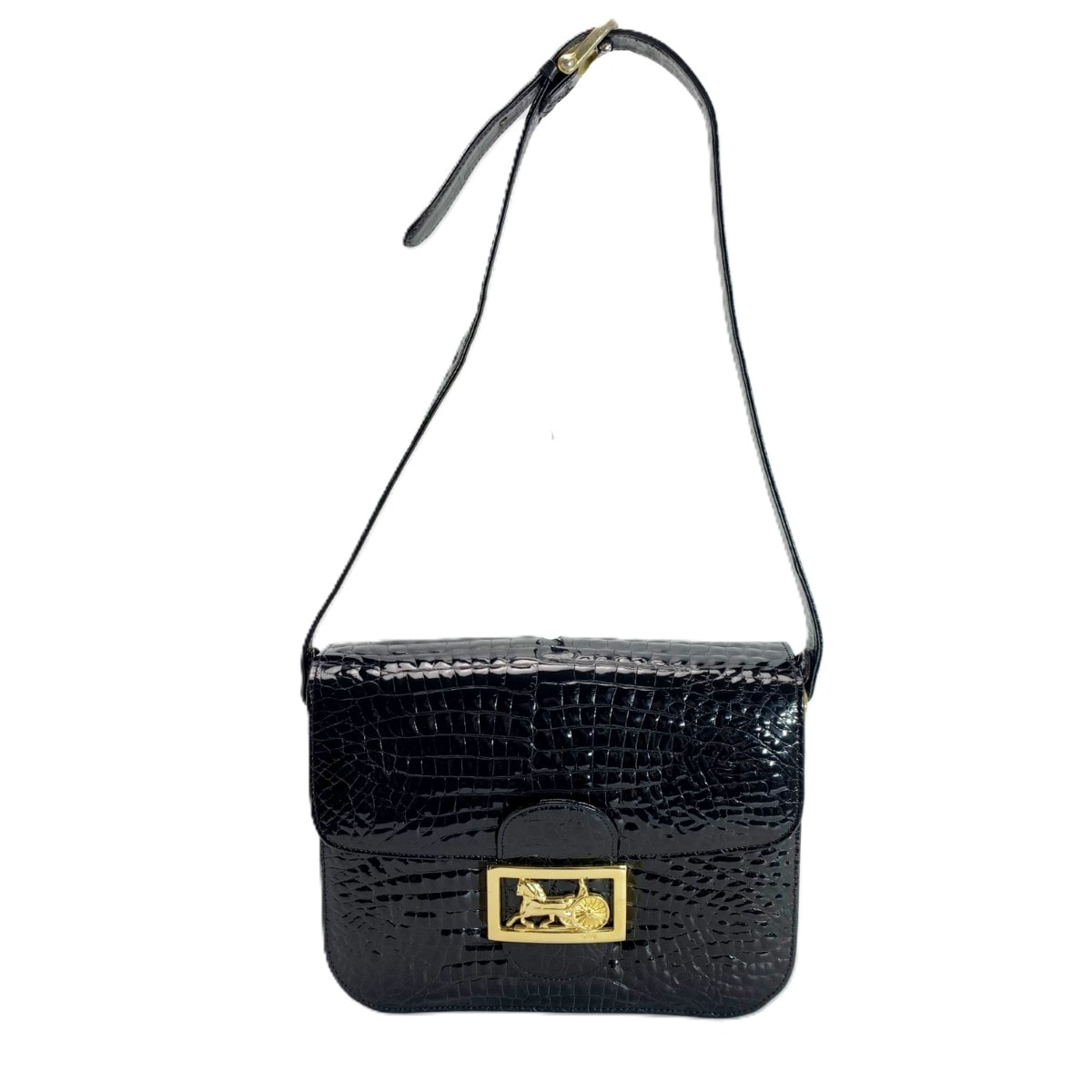 CELINE セリーヌ クロコ型押パテント レザー ゴールド馬車金具 ブラック ショルダーバッグ