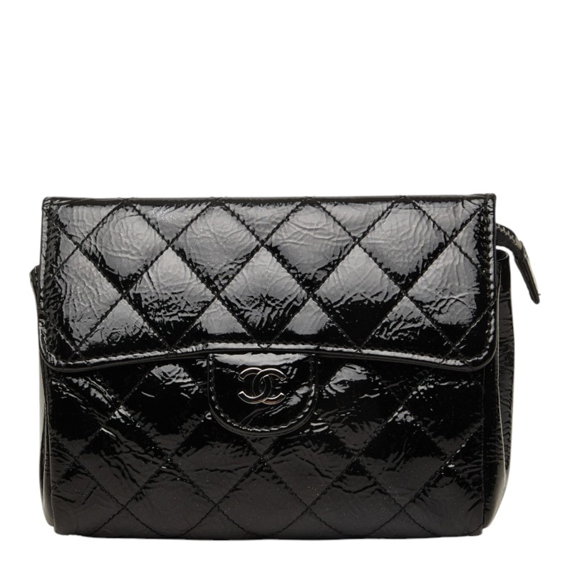 シャネル ココマーク マトラッセ ポーチ メイクポーチ メイクバッグ ブラック エナメル レディース CHANEL 中古