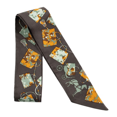 HERMES エルメス ツイリー Kelly en Caleche ケリーの馬車 062418S 03 スカーフ シルク グレー オレンジ【中古】