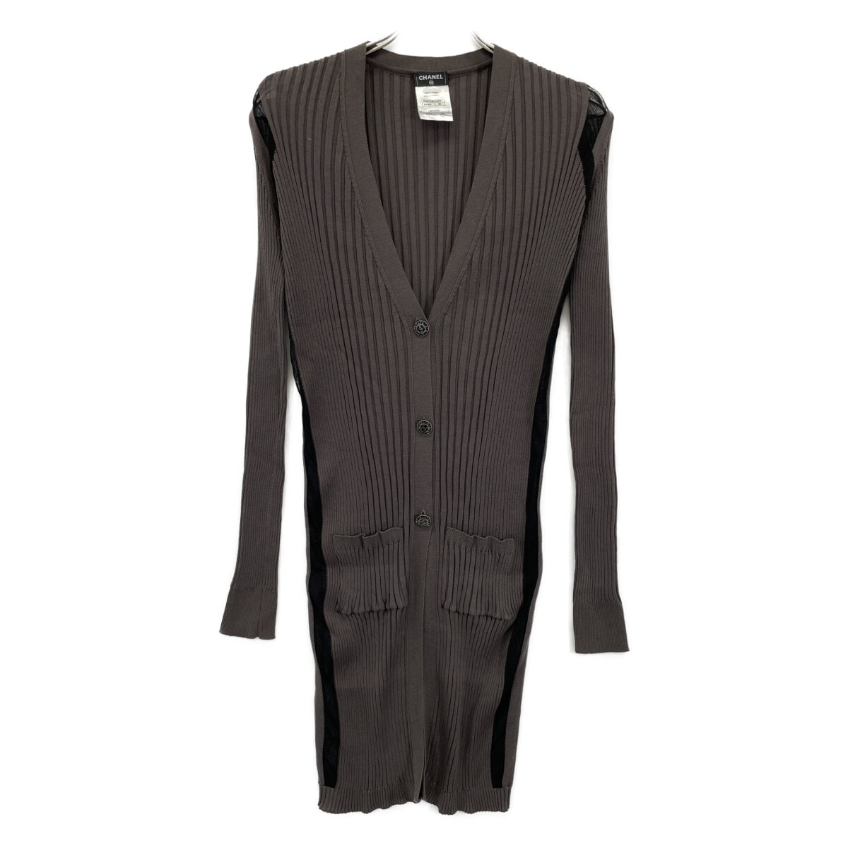 シャネル P40753K03011 ﾌﾞﾗｳﾝ ｺｺﾏｰｸ ﾘﾌﾞﾆｯﾄ ﾛﾝｸﾞｶｰﾃﾞｨｶﾞﾝ 38