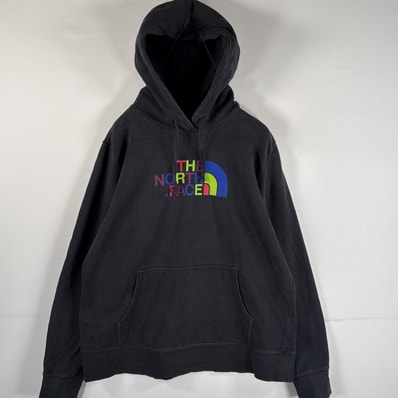 古着 ザ・ノースフェイス THE NORTH FACE パーカー ビッグロゴプリント フーディー マフポケット ラバープリント XL ブラック レディース