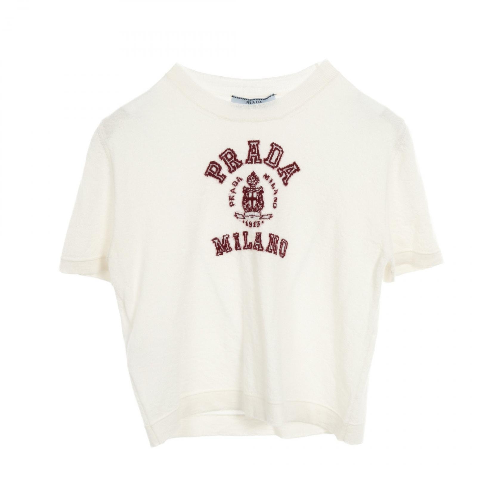 プラダ PRADA カシミヤ インターシャ Tシャツ ニット 衣料品 トップス カシミヤ レディース ホワイト系 / ボルドー系 【中古】