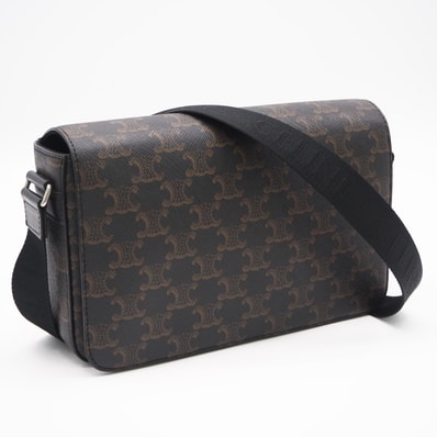 美品 CELINE セリーヌ トリオンフキャンバス フラップ メッセンジャー 111592 ショルダーバッグ ブラウン ブラック キャンバス レザー レディース