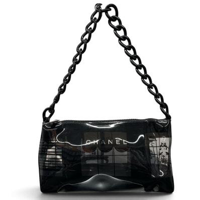 CHANEL 希少 シャネル ウインドウズライン プラスチックチェーン ショルダーバッグ ビニール 8番台シリアル ブラック クリア ハンドバッグ 肩掛け ココマーク Bランク 鑑定済 中古 シャネルバッグ