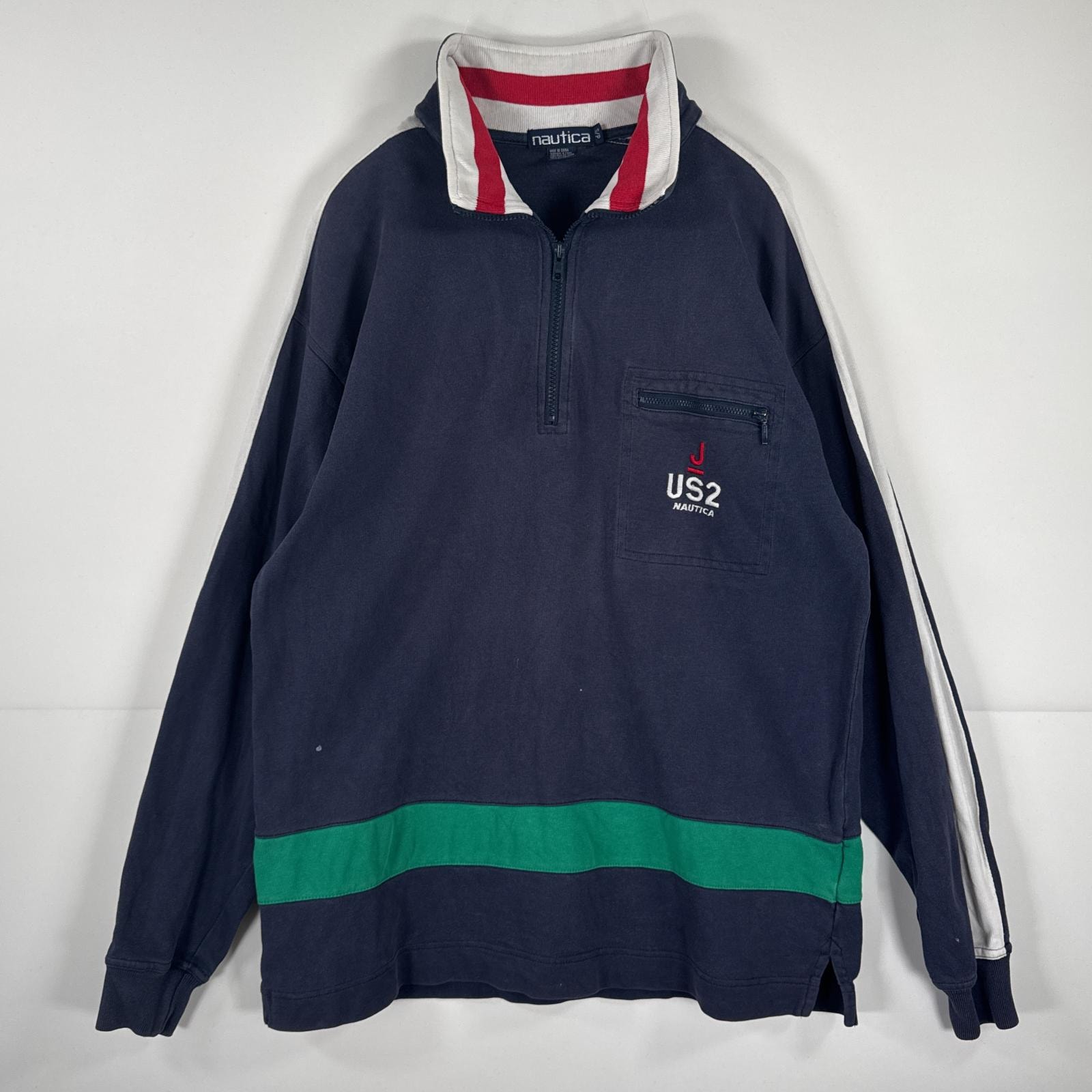 古着 90's/90年代 ノーティカ NAUTICA 長袖 スウェット ハーフジップ トレーナー ワンポイント ロゴ 刺繍 ロンT S  ネイビー メンズ