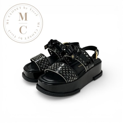 ルイヴィトン LOUIS VUITTON マヤライン サンダル 靴 シューズ パテント ブラック 黒 LVロゴ モノグラムフラワー ストラップ プラットフォーム
