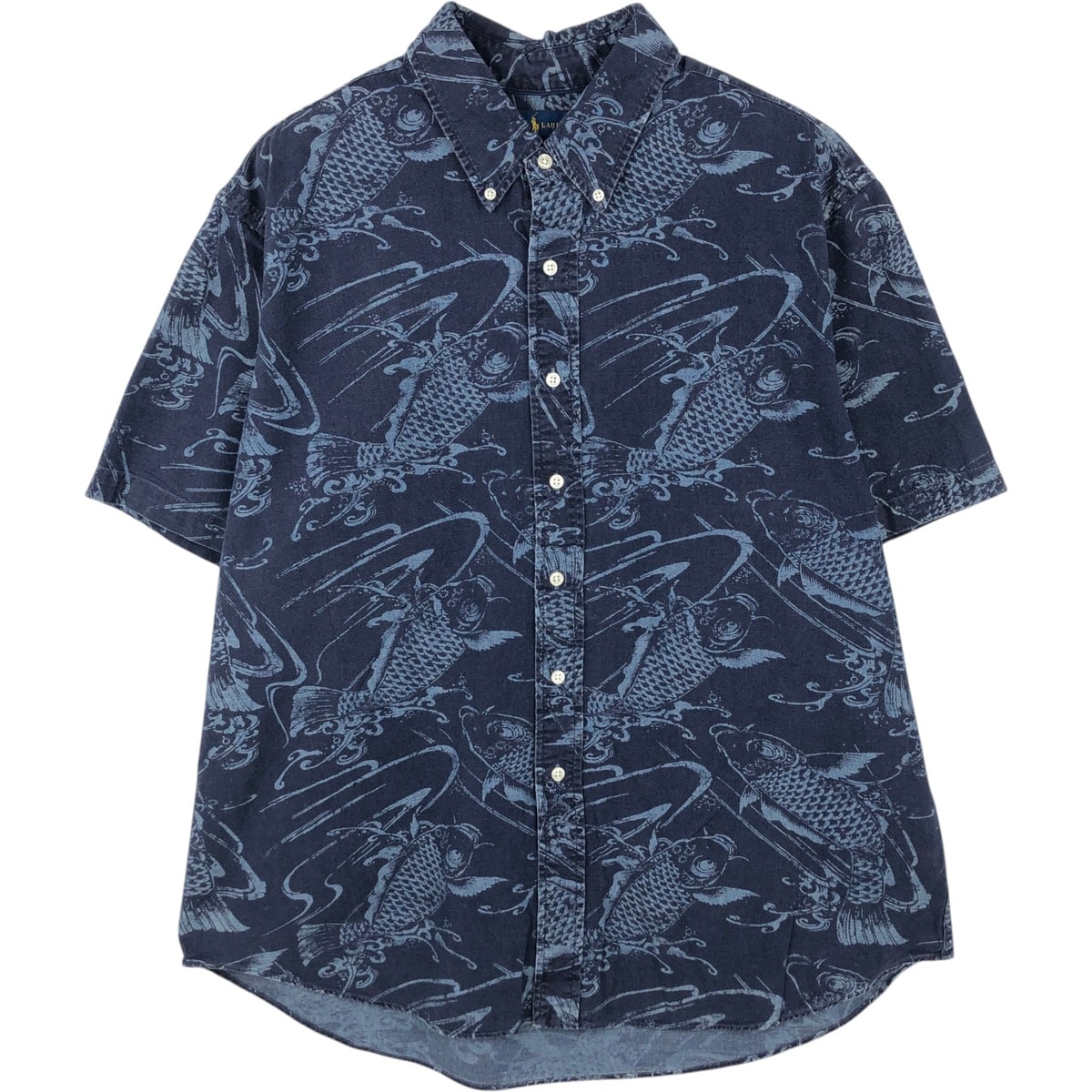 古着 ラルフローレン Ralph Lauren SLIM FIT スリムフィット 総柄 魚柄 半袖 ボタンダウンシャツ メンズXXL相当/eaa660141