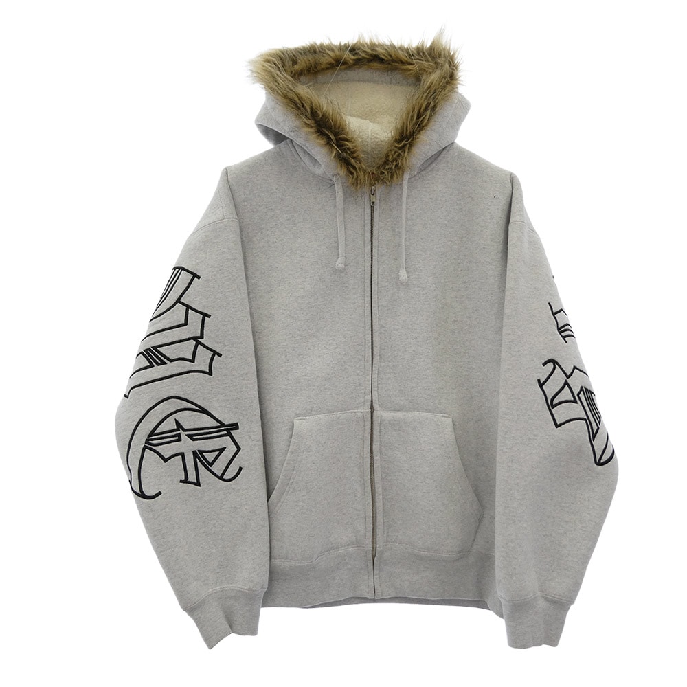 Supreme シュプリーム パーカー 25AW Faux Fur Zip Up Hooded Sweatshirt フェイクファー ロゴ刺繍 ジップパーカー 裏地ボア グレー系 M【中古】