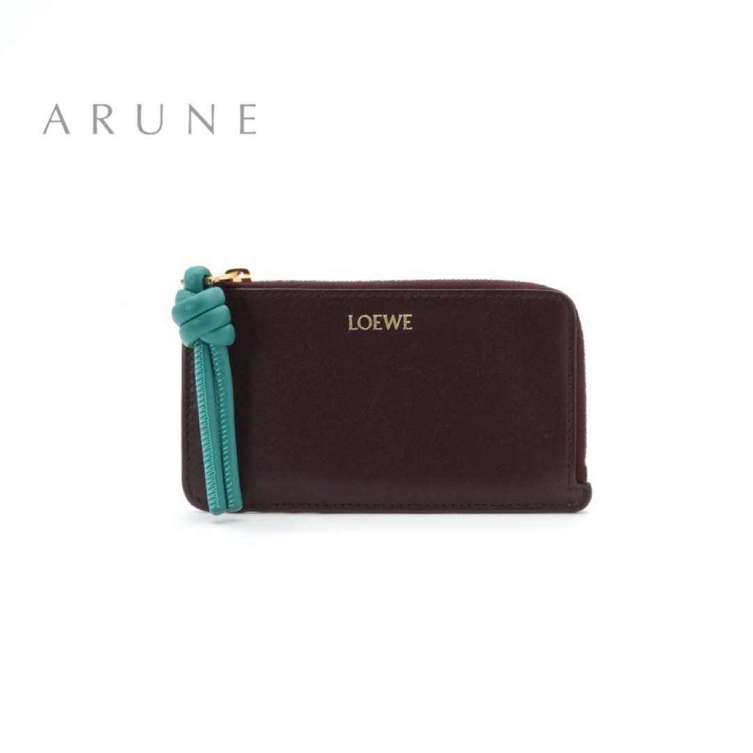 ロエベ LOEWE カードケース カード入れ パスケース バーガンディ グリーン系 ゴールド ノット フラグメントケース コインカードホルダー ロゴ