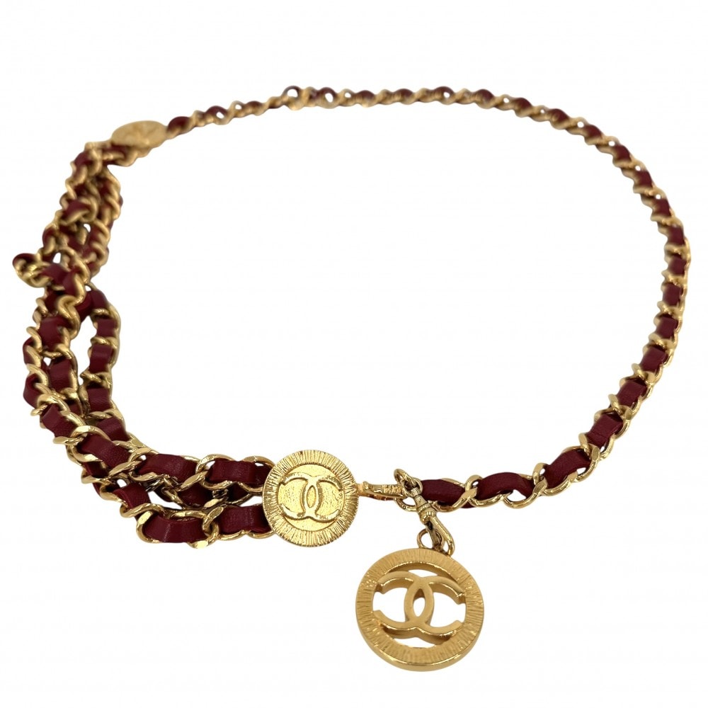 CHANEL シャネル ベルト メダル チェーンベルト ファッションアイテム 小物 ココマーク ヴィンテージ GP  レザー   レッド 赤 ゴールド金具 レディース【中古品】