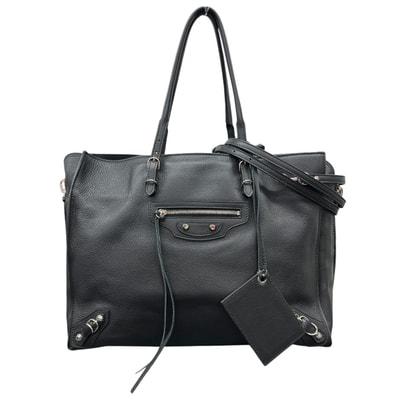 BALENCIAGA 希少 極美品 バレンシアガ ペーパー B4 ジップ アラウンド 2way ハンドバッグ ショルダーバッグ 432596 レザー ブラック シルバー金具 トートバッグ ビジネスバッグ Y2K Aランク 中古 鑑定済 バレンシアガバッグ