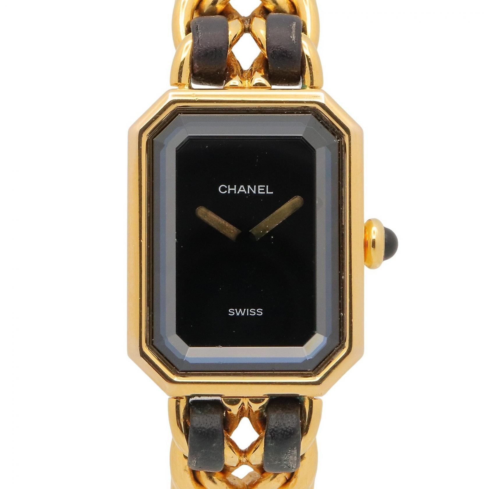 シャネル CHANEL プルミエール S 腕時計 時計 GP(ゴールドメッキ) レザーベルト レディース ブラック系 H0001 【中古】