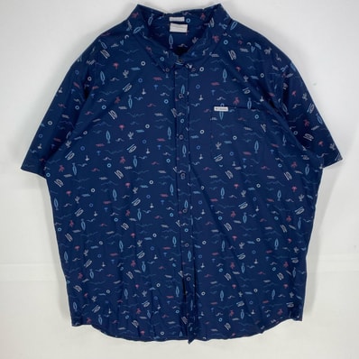 古着 コロンビア Columbia 半袖シャツ ボタンダウン 胸ポケット ワンポイント 大きいサイズ 2XL ネイビー系 総柄 メンズ