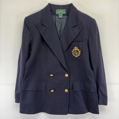 古着 ローレンラルフローレン LaurenRalphLauren USA製 ジャケット ブレザー 金ボタン 刺繍 テーラード 14 濃紺系 レディース