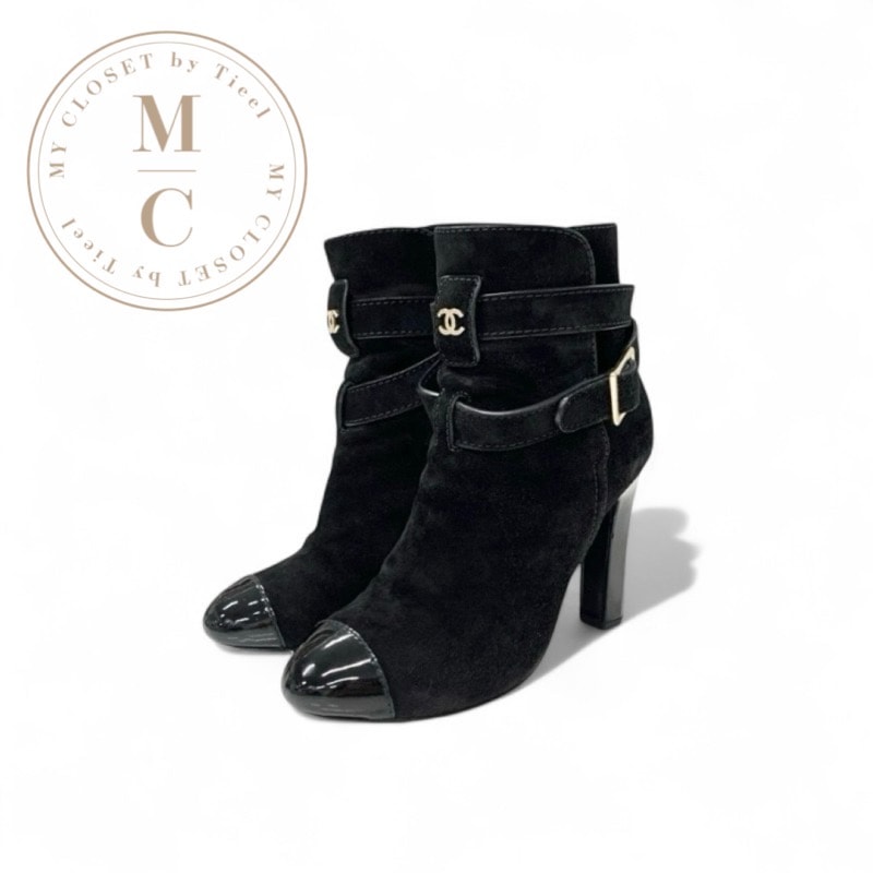 シャネル CHANEL ブーツ ショートブーツ 靴 シューズ スエード パテント ブラック 黒 ココマーク ベルト