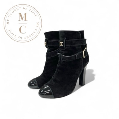 シャネル CHANEL ブーツ ショートブーツ 靴 シューズ スエード パテント ブラック 黒 ココマーク ベルト