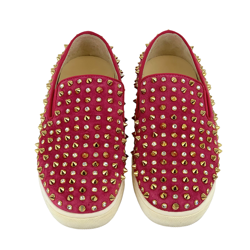 クリスチャンルブタン Christian Louboutin ローラーボート スニーカー 靴 シューズ スエード ピンク系 ゴールド スリッポン スパイク スタッズ ビジュー