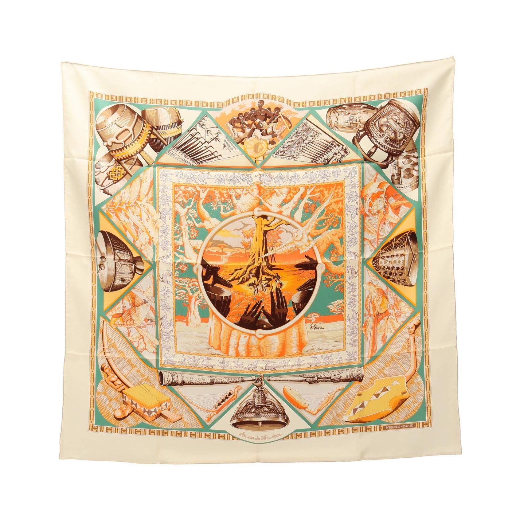 エルメス HERMES カレ90 Au son du Tan-tan スカーフ 衣料品 シルク シルク オレンジ レディース アイボリー系 / オレンジ系 / マルチカラー 【中古】