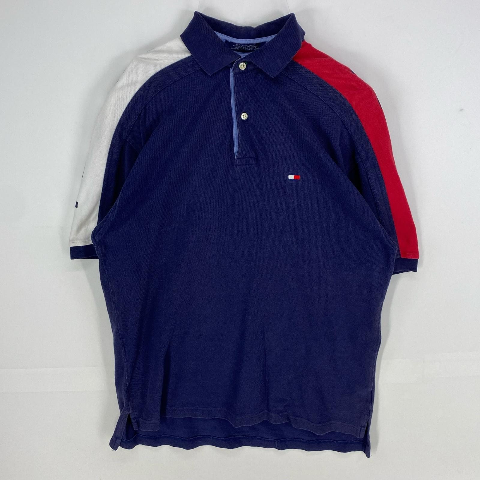 古着 90's/90年代 トミーヒルフィガー TOMMY HILFIGER 鹿の子 半袖シャツ ワンポイント ビッグロゴ ポロシャツ M  ネイビー系 メンズ