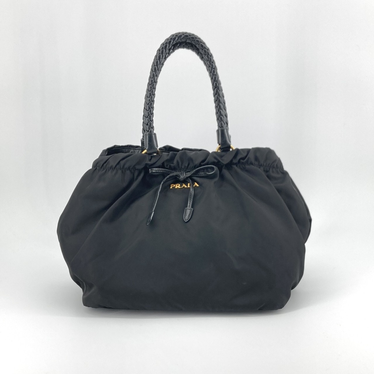 PRADA(プラダ) テスートナイロン ギャザー リボン 2WAY レザー BN1970 ハンドバッグ ブラック