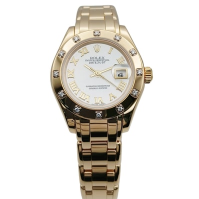ROLEX ロレックス デイトジャスト パールマスター ダイヤベゼル A番 金無垢 18K 29mm シェル文字盤 12P 腕時計 80318NR K18イエローゴールド ゴールド レディース【中古】