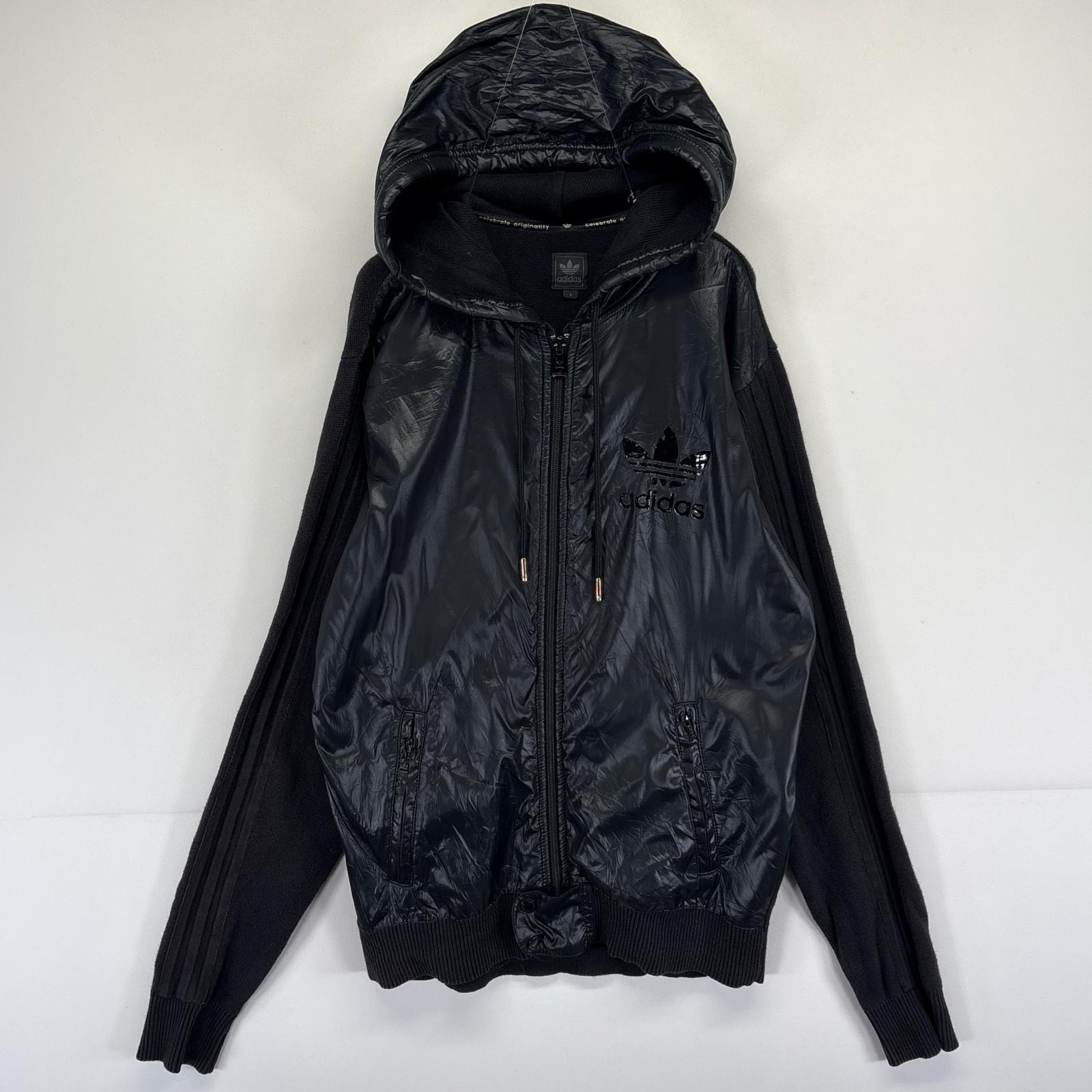 古着 アディダス adidas ナイロンニットジャケット フルジップ パーカー トレフォイルロゴ S  ブラック メンズ