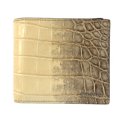 美品 PRADA プラダ ベージュ ブラック ヒマラヤ クロコダイル/ 折財布 コンパクトウォレット 603013 【中古】