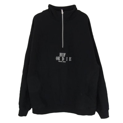 HUF ハフ スウェット ハーフジップ 刺繍 ロゴ プルオーバー スウェット ブラック系 L【中古】