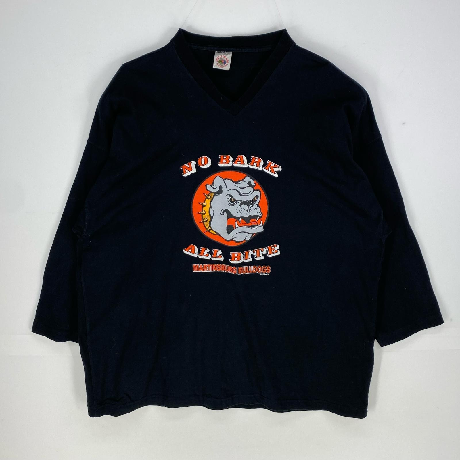 古着 フルーツオブザルーム FRUIT OF THE LOOM 長袖Tシャツ Vネック MARTINS BORG BULLDOGS ロンT XL  ブラック系 メンズ