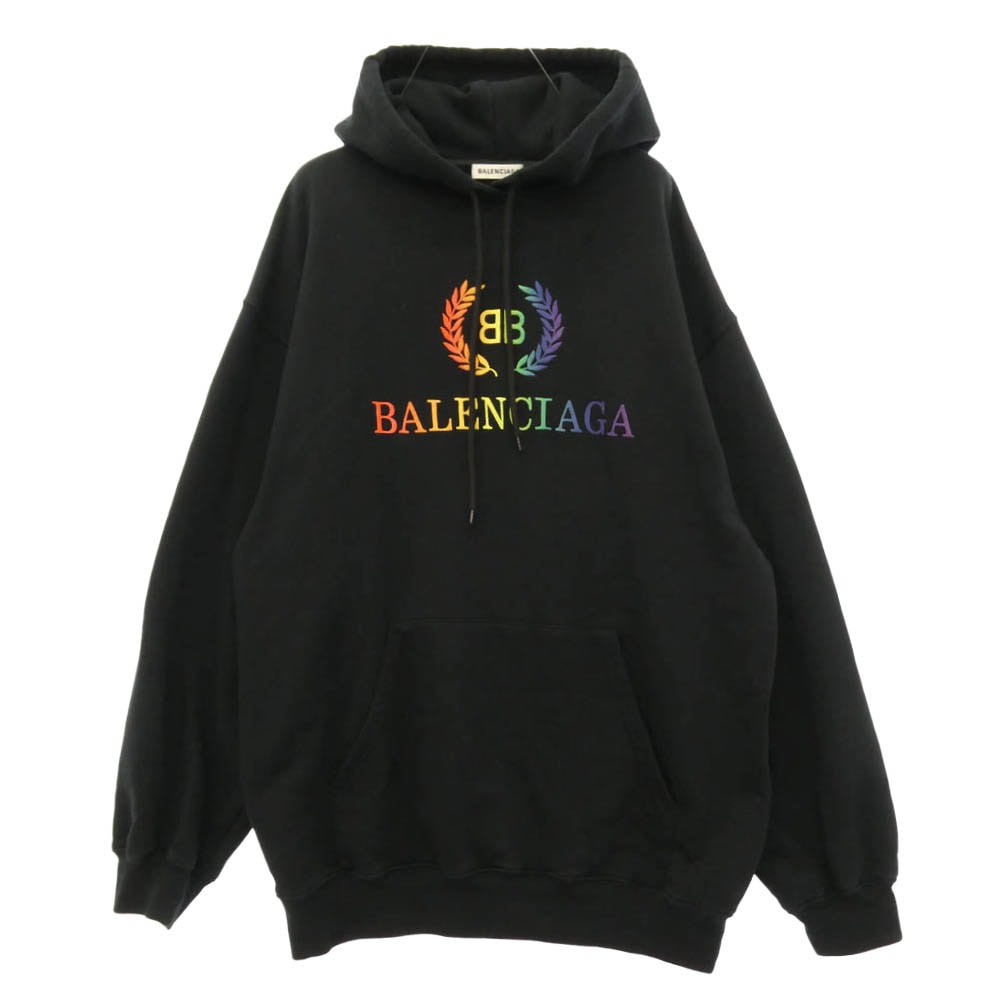 BALENCIAGA バレンシアガ 19AW 570798 TEV50 レインボー ロゴ刺繍 フーディー プルオーバー パーカー ブラック系 S【中古】