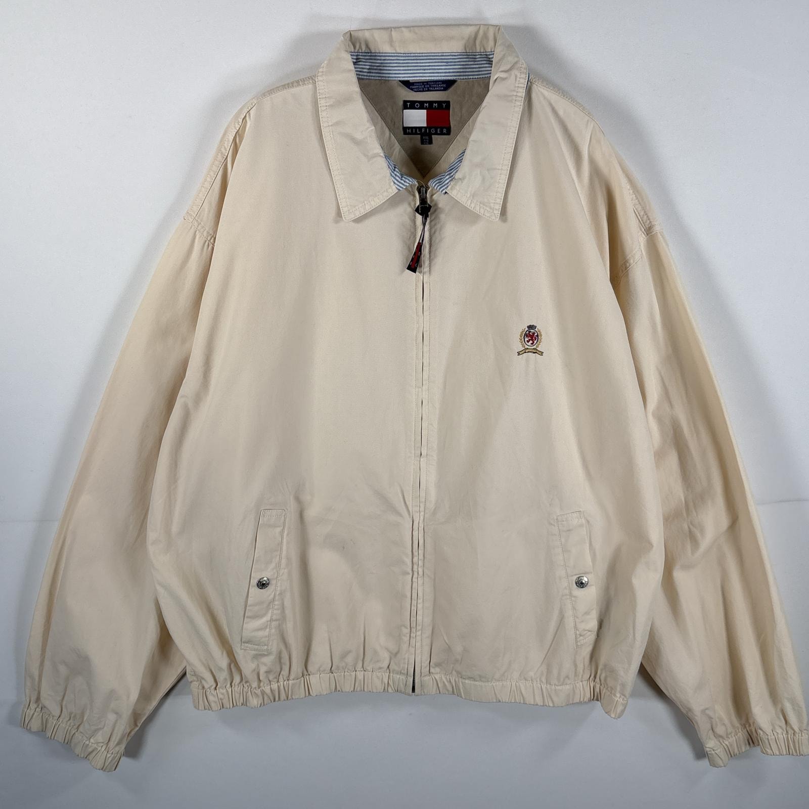 古着 90's/90年代 トミーヒルフィガー TOMMY HILFIGER スウィングトップジャケット ワンポイントロゴ刺繍 大きいサイズ 14041 ベージュ メンズ