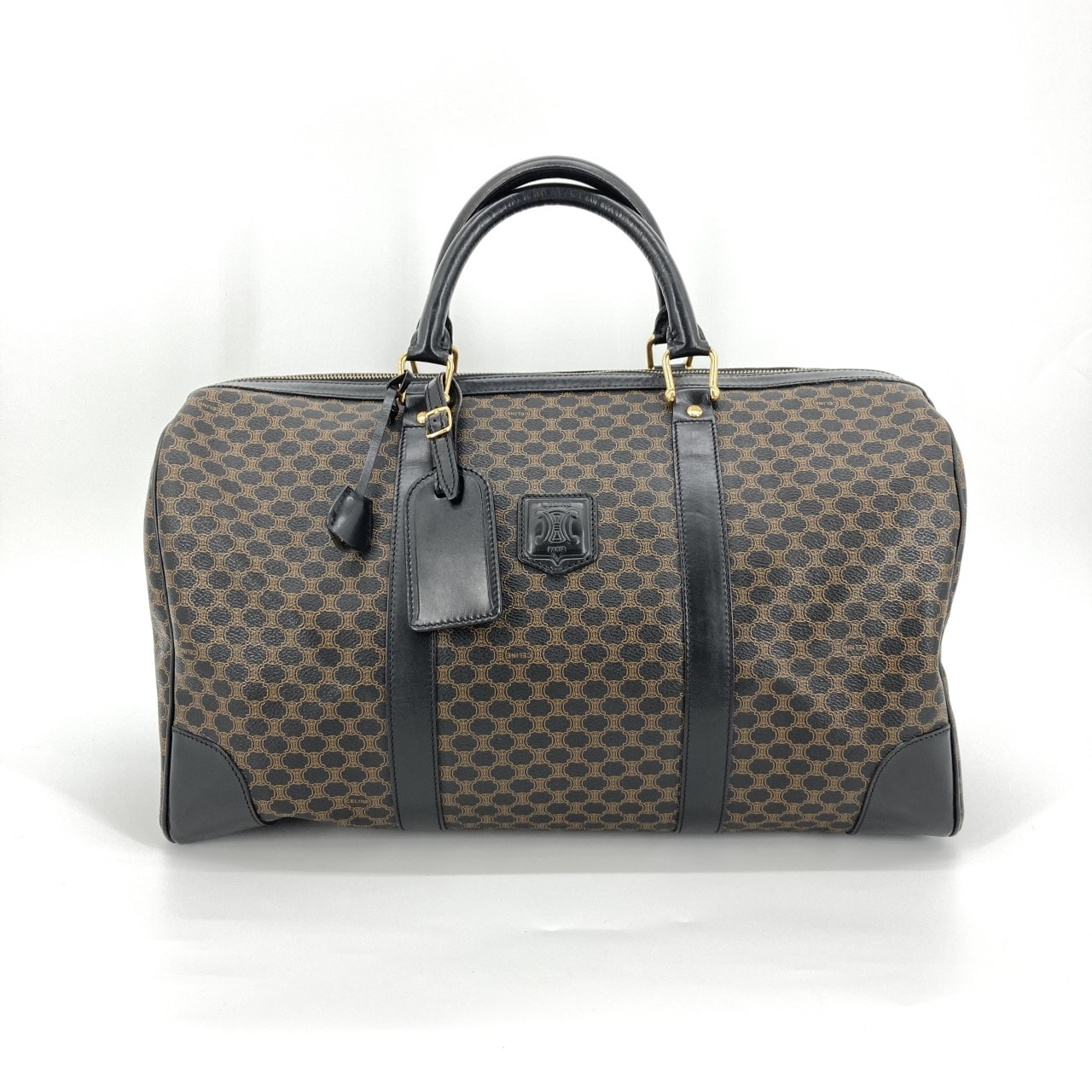 CELINE(セリーヌ) マカダムデザイン レザー タグ付 ゴールド金具 ボストンバッグ ブラック×ブラウン