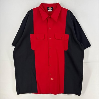 古着 ディッキーズ Dickies 半袖シャツ ワーク 大きいサイズ ワンポイント 胸ポケット 2XL レッド系 ツートン メンズ
