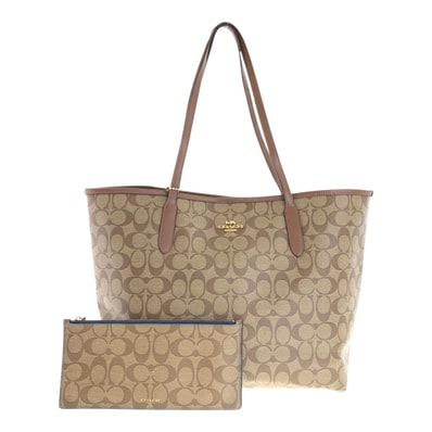 COACH コーチ シグネチャー ベージュ ブラウン ゴールド金具 PVC レザー/ トートバッグ ショルダーバッグ 600368 【中古】