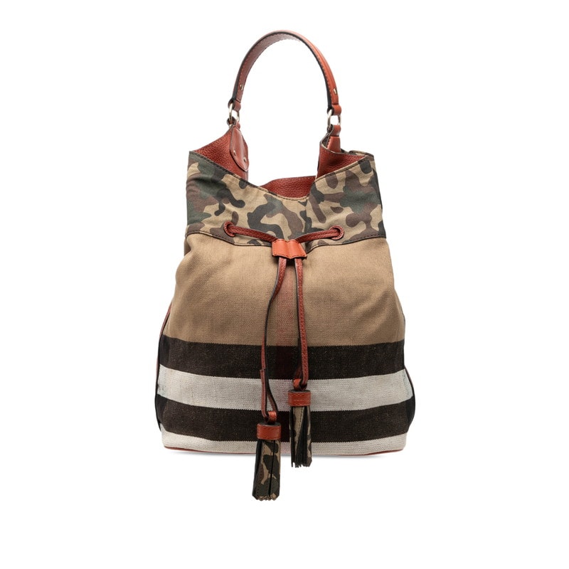 バーバリー スサンナ タッセル カモ ハンドバッグ 巾着 ベージュ系 マルチカラー キャンバス レザー レディース BURBERRY 【中古】