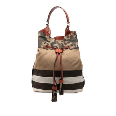 バーバリー スサンナ タッセル カモ ハンドバッグ 巾着 ベージュ系 マルチカラー キャンバス レザー レディース BURBERRY 【中古】