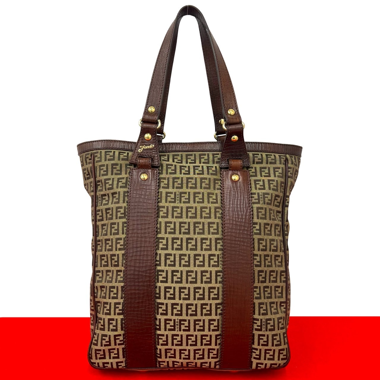 FENDI フェンディ ズッキーノ 柄 キャンバス レザー トートバッグ ブラウン
 02322