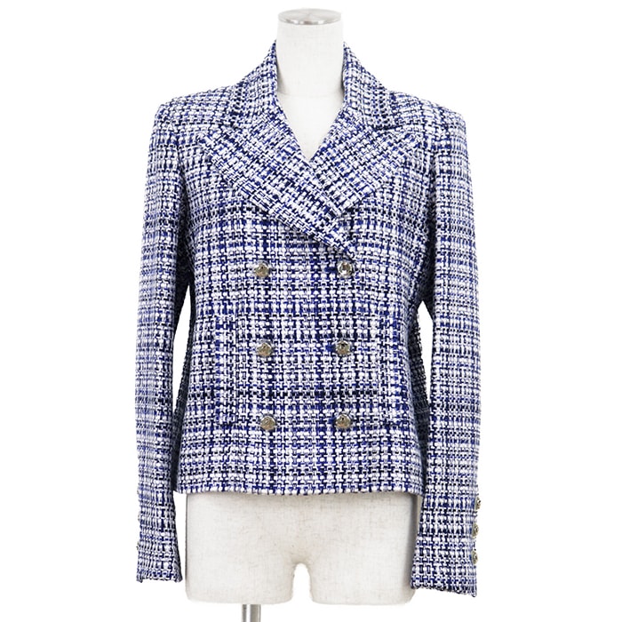 【極美品】CHANEL シャネル ツイードジャケット サイズ 38 レディース  P63192 ロゴ アウター ブルー  青 フランス製
