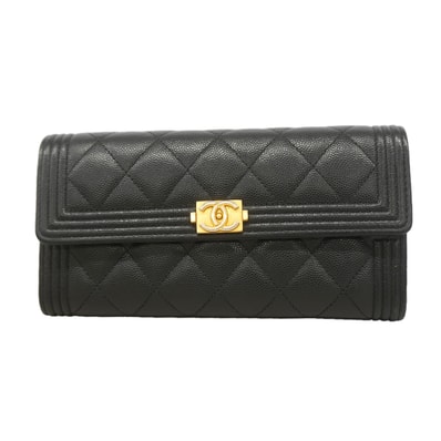 【6ia0574】シャネル 長財布 ボーイシャネル キャビアスキン ブラック ゴールド金具【中古】レディース