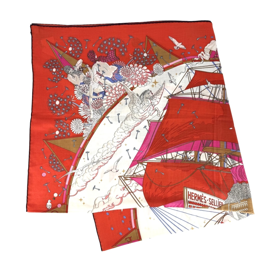 HERMES エルメス スカーフ カレ140 フラッグシップ カレジェアン ファッションアイテム H244091S カシミヤ シルク レッド 赤 ホワイト 白 レディース 美品【中古品】