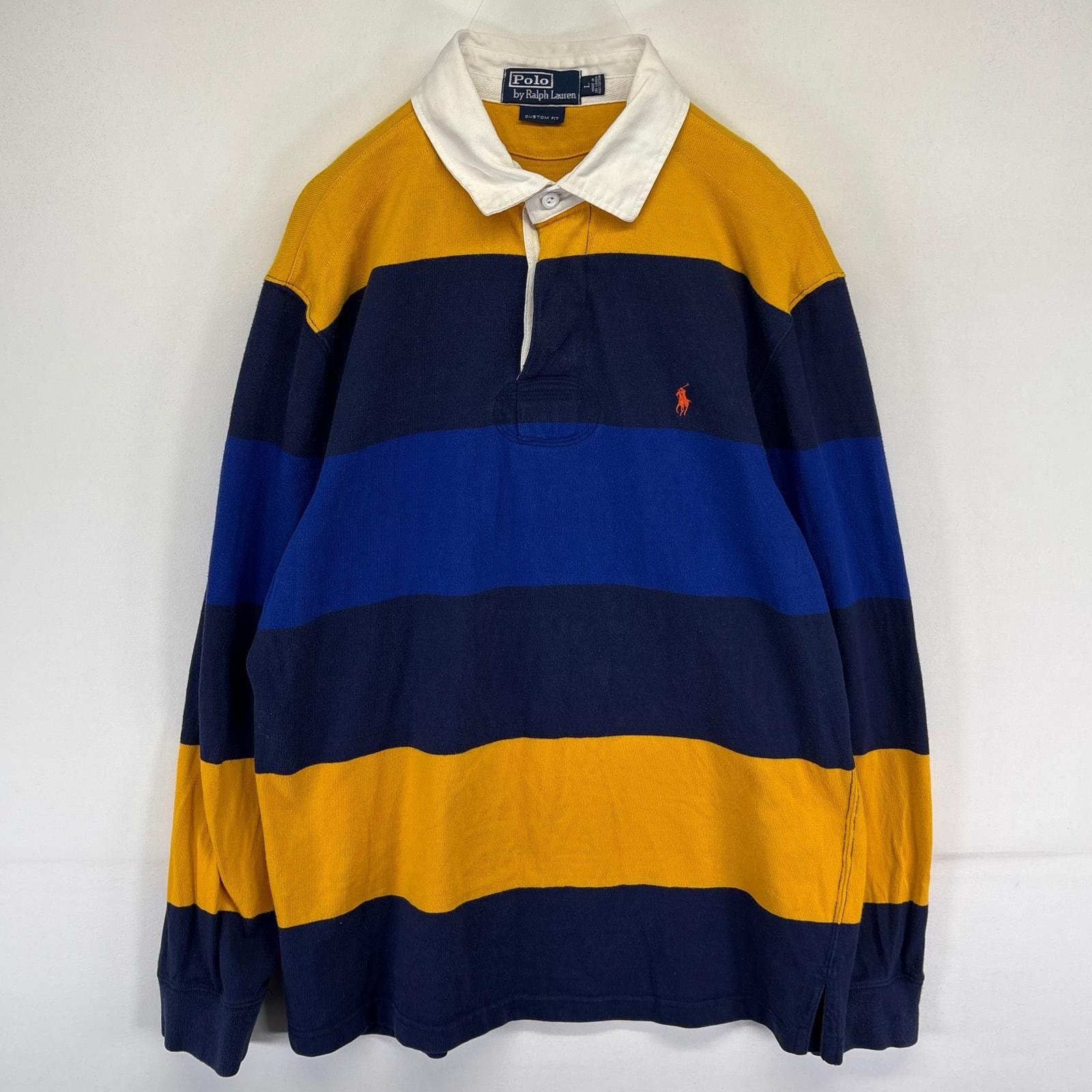 古着 ポロバイラルフローレン Polo by Ralph Lauren 長袖シャツ ワンポイント刺繍ロゴ ラガーシャツ L ブルー系 ボーダー メンズ