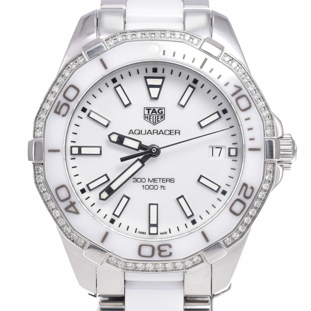タグホイヤー TAG HEUER WAY131H アクアレーサー ダイヤモンドベゼル デイト ホワイト クォーツ レディース 美品 腕時計 R#148940