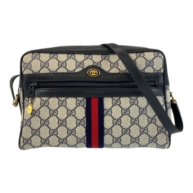 美品 GUCCI グッチ ヴィンテージ シェリーライン グレー ネイビー ゴールド金具 GGスプリームキャンバス レザー/ ショルダーバッグ ポシェット 505726 【中古】