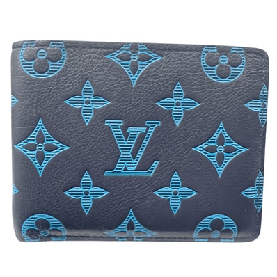 LOUIS VUITTON 美品 ルイヴィトン ポルトフォイユ ミュルティプル モノグラムシャドウ 二つ折り財布 レザー RFID確認済 ブルー コンパクト ミニ財布 札入れ カードケース ABランク 中古 鑑定済