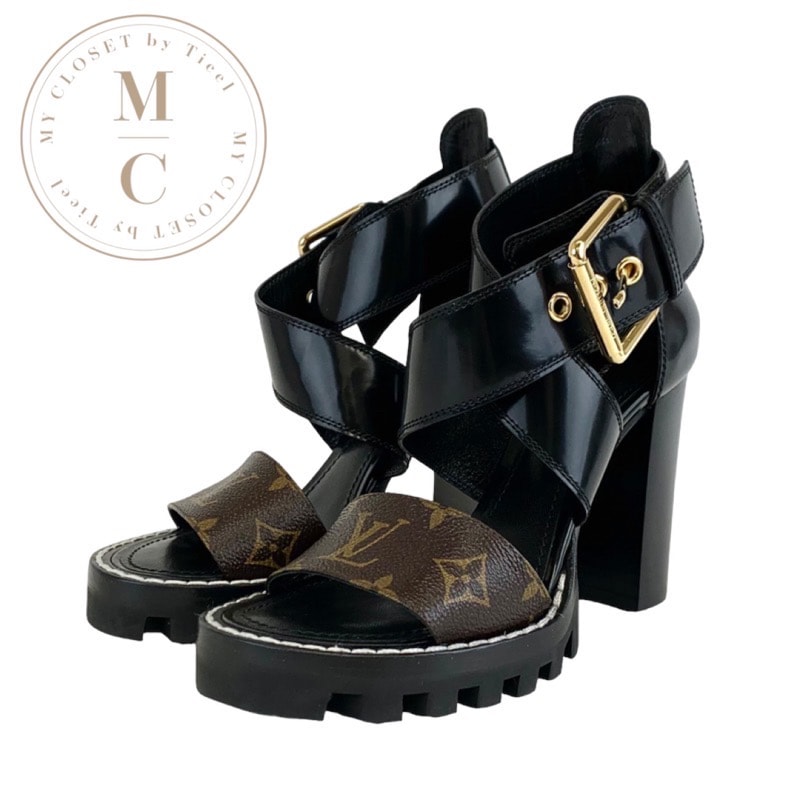 ルイヴィトン LOUIS VUITTON スタートレイルライン モノグラム サンダル 靴 シューズ レザー ブラック ブラウン クロスストラップ