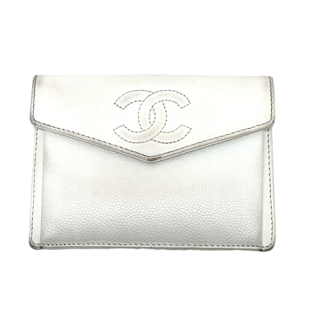 シャネル CHANEL ココマーク フラット フラップウォレット 小物 財布 ミニ財布 2つ折り財布 キャビアスキン ホワイト